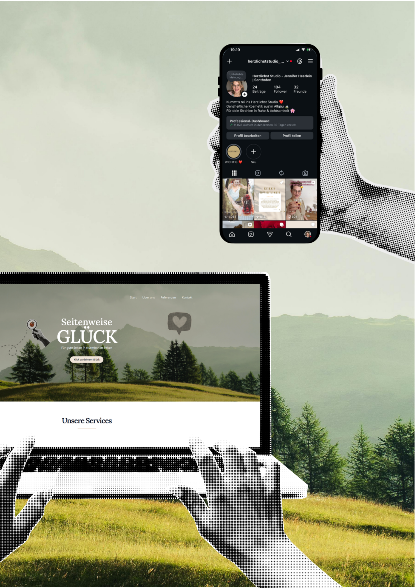Startseite von Seitenweise Glück. Eine Hand hält ein Handy, das auf das Social Media Angebot hinweist.