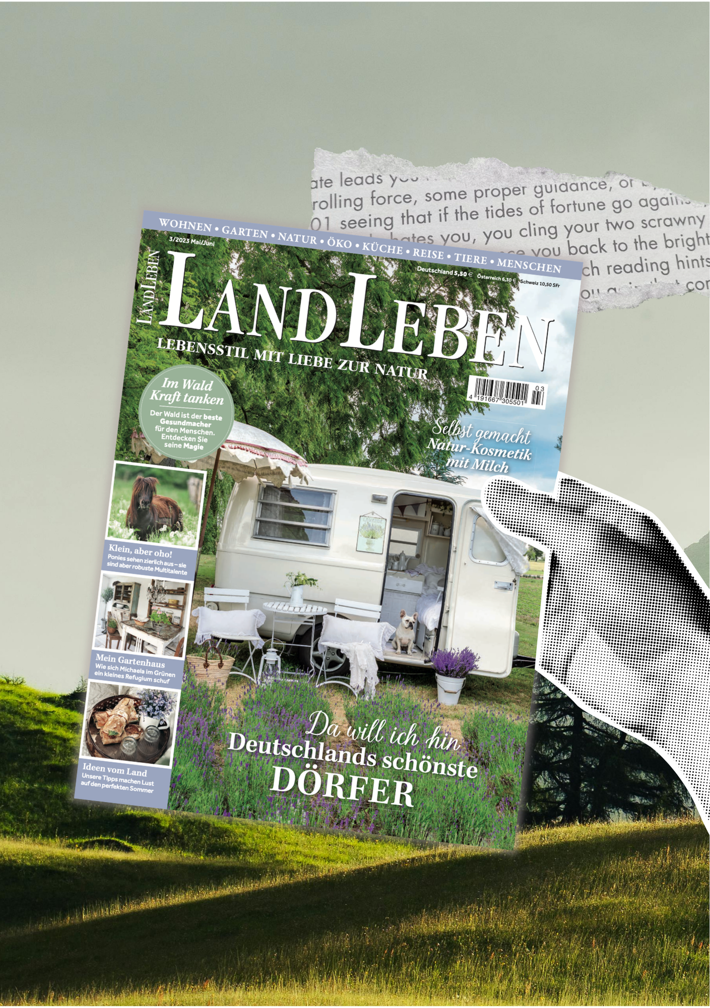 Startseite von Seitenweise Glück. Eine Grafik von einer Hand, die das Magazin Landleben hält